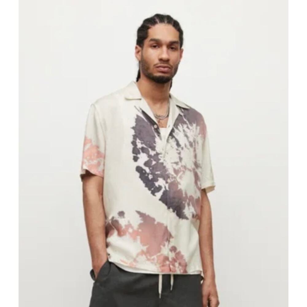 AllSaints Silverlake Tie Dye Short Sleeve Viscose Shirt Cream Brown Medium